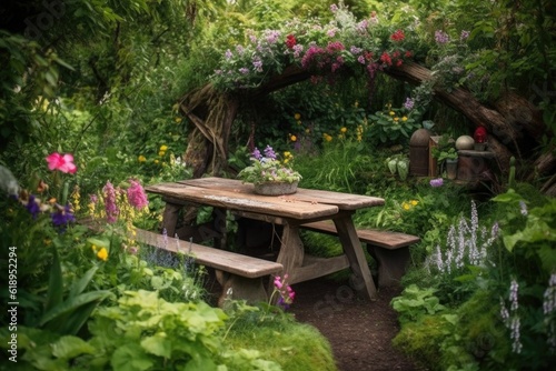a rustic picnic table, surrounded by lush greenery and blooming flowers, created with generative ai