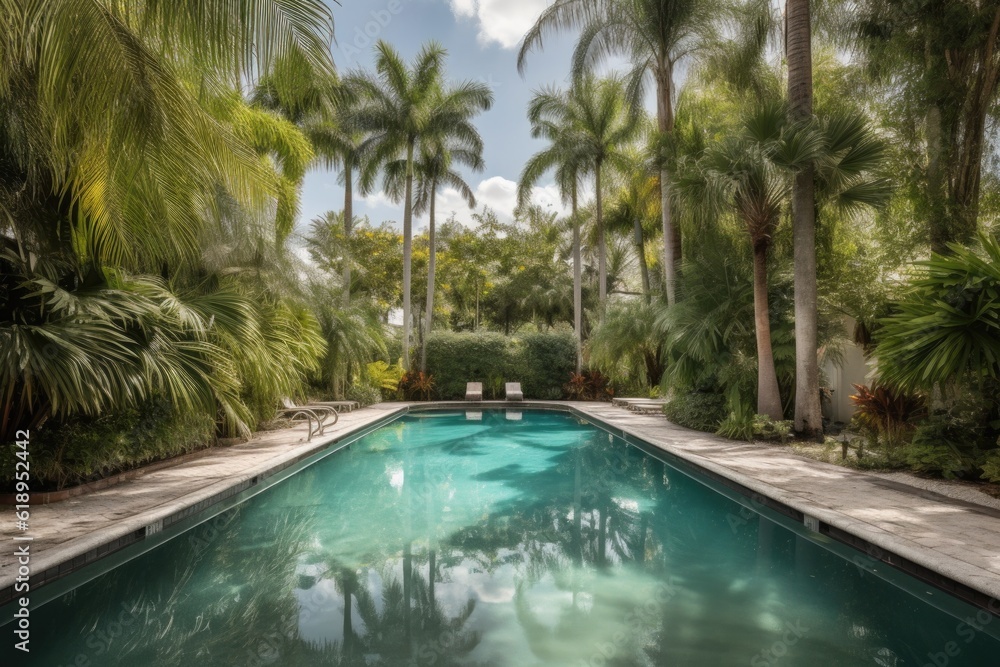 sparkling pool surrounded by lush greenery, with palm trees in the background, created with generative ai