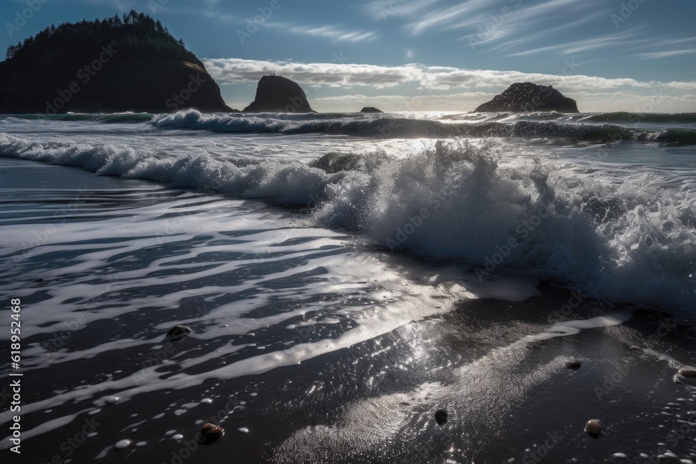 sparkling sea, with waves rolling onto shore, created with generative ai sparkling sea, with waves rolling onto shore, created with generative ai