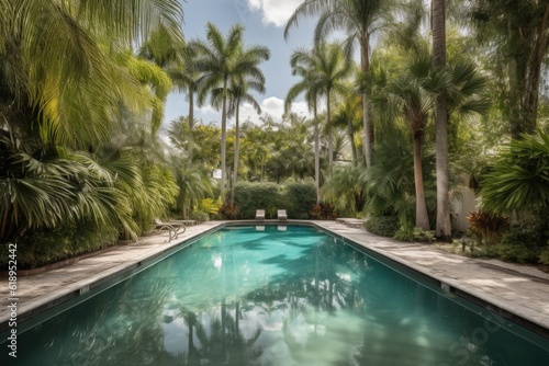 sparkling pool surrounded by lush greenery, with palm trees in the background, created with generative ai © Alfazet Chronicles