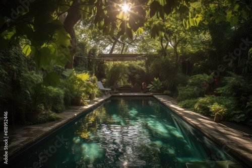 sparkling pool with sunbeams shining down, surrounded by greenery, created with generative ai