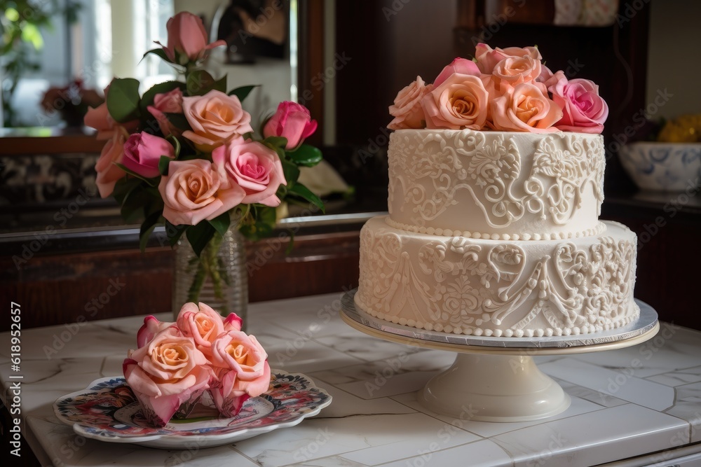 two-tiered wedding cake, with intricate frosting design and sweetheart roses, created with generative ai