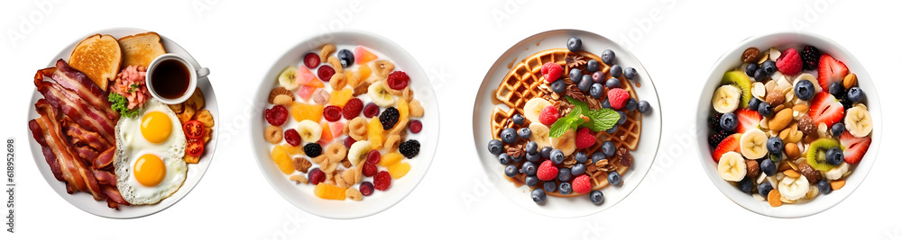 Set of top view tasty delicious breakfast food in plate, American Breakfast fried eggs, roasted bacon, pancakes, toasts and coffee cup, Cereal with milk and mix fruits, Waffles granola, ai generate - obrazy, fototapety, plakaty 