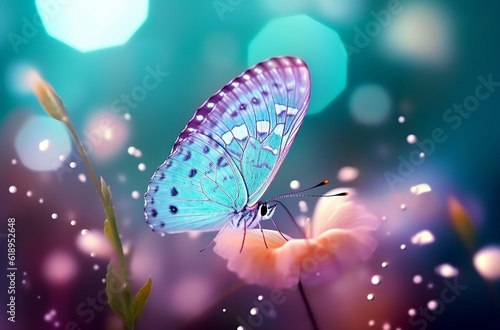An illustration of a Beautiful white butterfly on white flower buds on a soft blurred blue background spring or summer in nature. Romantic dreamy artistic image. Made with Generative AI technology