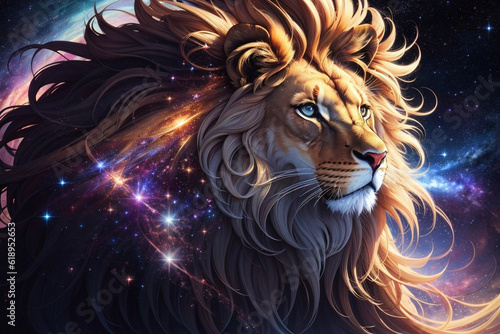 Leão Cósmico: A Majestade Selvagem Envolvida por Elementos Cósmicos © Jhompzz