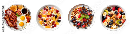 Set of top view tasty delicious breakfast food in plate, American Breakfast fried eggs, roasted bacon, pancakes, toasts and coffee cup, Cereal with milk and mix fruits, Waffles granola, ai generate