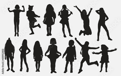 Set of young girl silhouettes in different positions