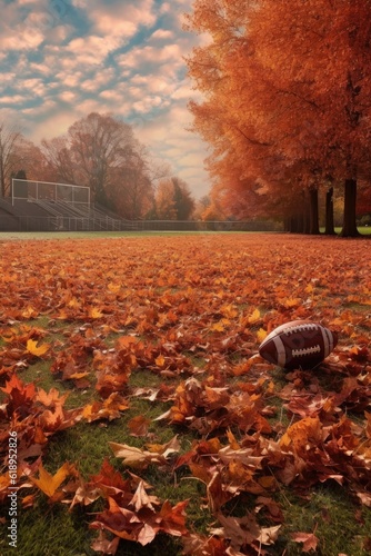 an american football field with autumn leaves scattered around, created with generative ai