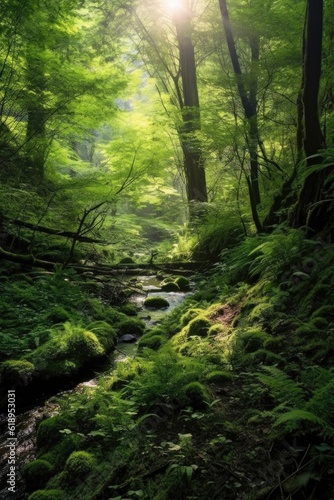 lush green forest with sunlight filtering through, created with generative ai