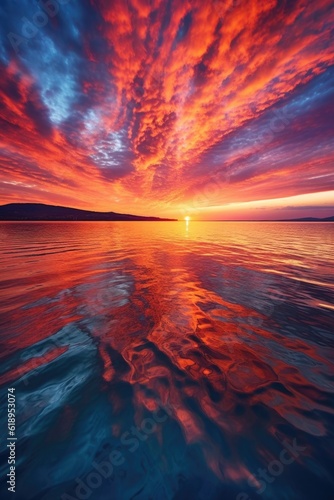 vibrant sunset over a calm ocean horizon, created with generative ai