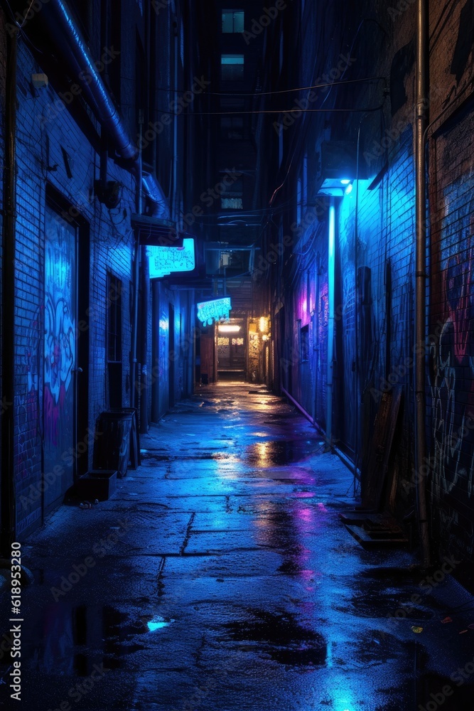 blue neon lights illuminating dark alley, created with generative ai