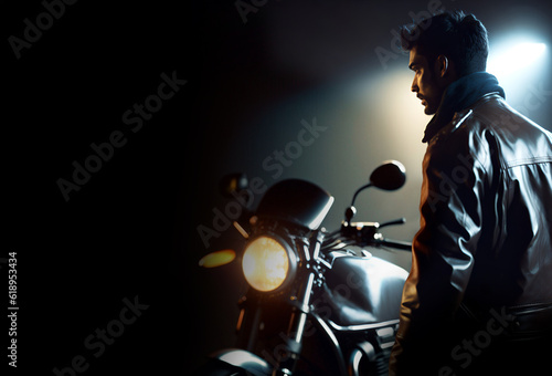Man in a leather jacket standing next to a motorcycle under a soft light