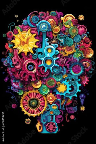 brain outline filled with various colorful gears, created with generative ai