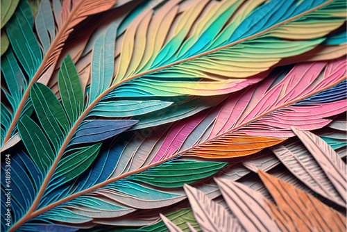 a close up of a multicolored paper leaf pattern on a surface with a black border around the edges of the image and the leaves on the bottom of the image are multicolored paper.