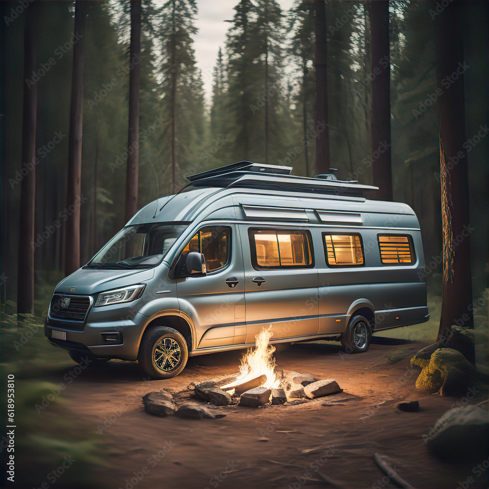 Fototapeta premium Van Life, A Camper Van with solar panels in a Beautiful Forest Beside a Camp Fire