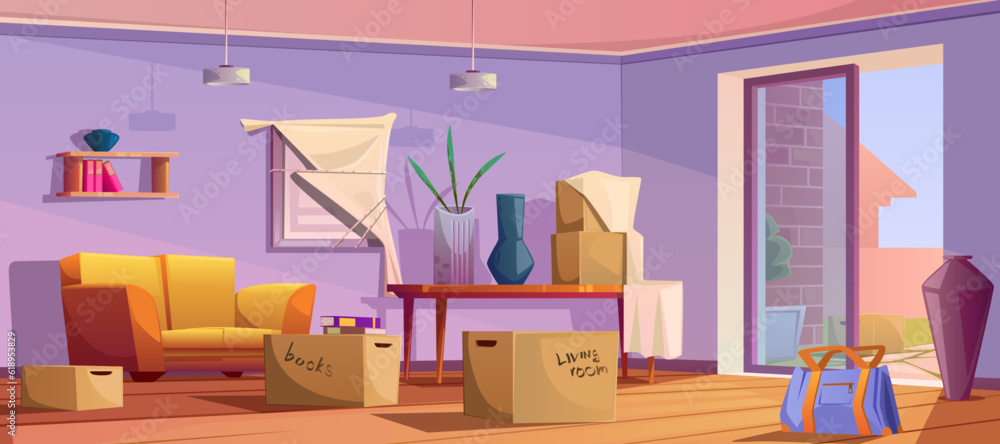 Moving to a new apartment, house. Change of residence, moving into a new home. Living room interior, unsorted cardboard boxes, furniture, household items. Interior design. Cartoon vector illustration. Moving to a new apartment, house. Change of residence, moving into a new home. Living room interior, unsorted cardboard boxes, furniture, household items. Interior design. Cartoon vector illustration.