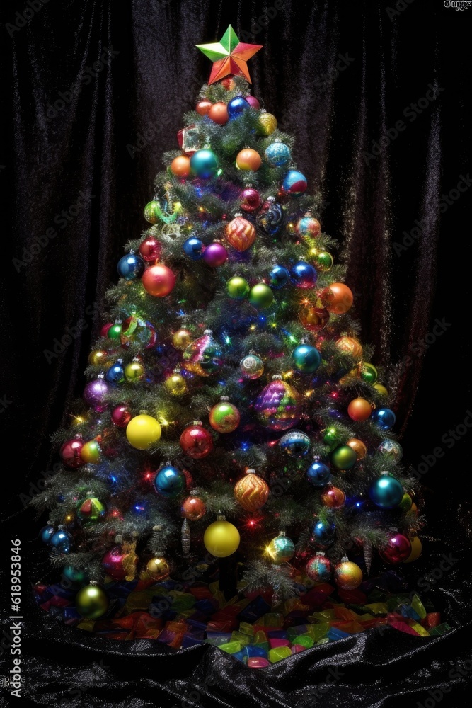 sparkling christmas tree with colorful ornaments, created with generative ai