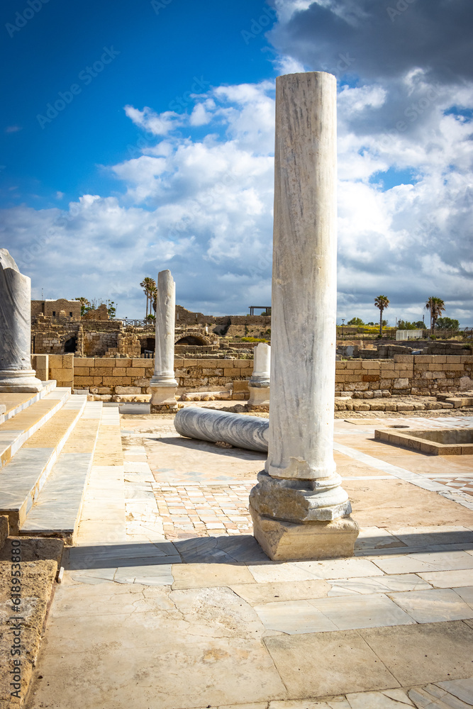 roman columns, caesarea, israel, roman landmark, herod, historical, middle east, mediterranean sea, beach