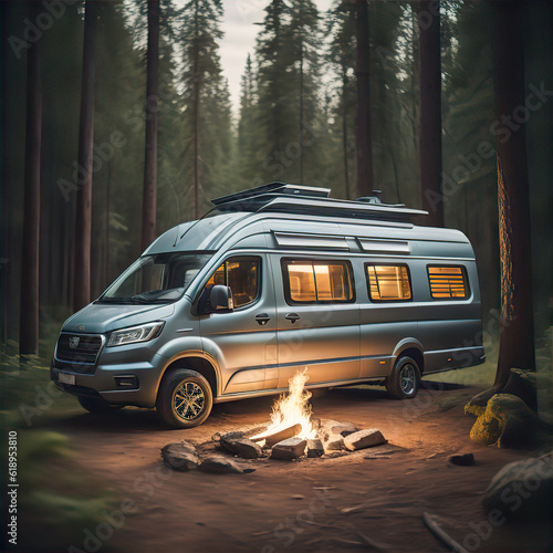 Van Life, A Camper Van with solar panels in a Beautiful Forest Beside a Camp Fire