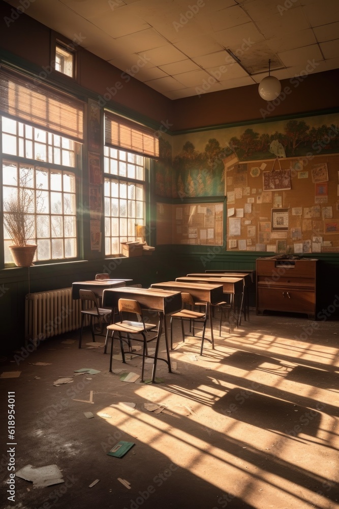 empty classroom with sunlight streaming through windows, created with generative ai empty classroom with sunlight streaming through windows, created with generative ai