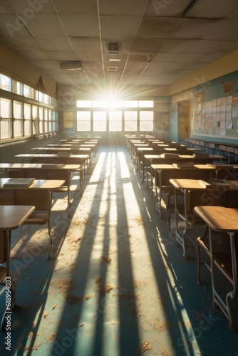 rows of empty desks with sunlight streaming in, created with generative ai