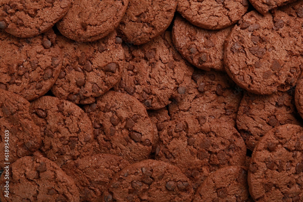 Tasty chocolate cookies as background, top view Tasty chocolate cookies as background, top view