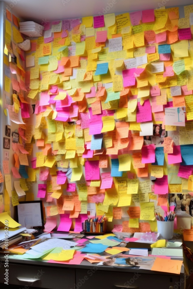 post-it notes on a wall, filled with ideas and tasks, created with generative ai post-it notes on a wall, filled with ideas and tasks, created with generative ai