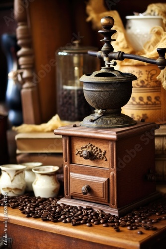 vintage coffee grinder with beans and ground coffee, created with generative ai