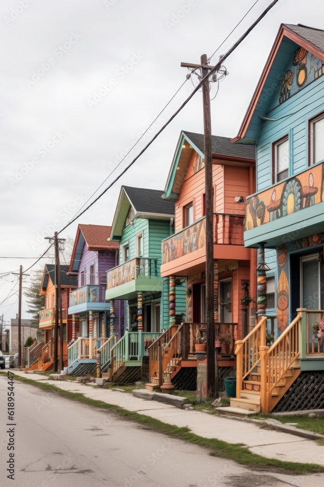 a row of houses with unique designs, representing individuality within a community, created with generative ai a row of houses with unique designs, representing individuality within a community, created with generative ai
