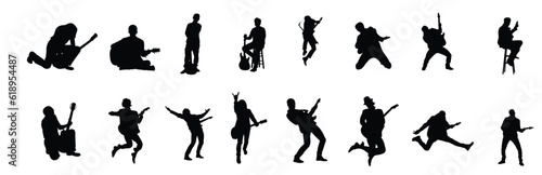 Valokuva Set of silhouettes of people playing guitar