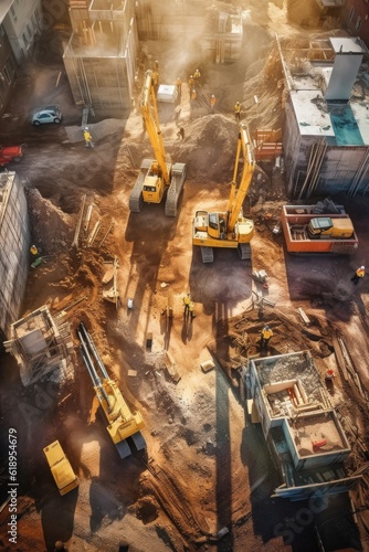 aerial view of a construction site with cranes and equipment, created with generative ai