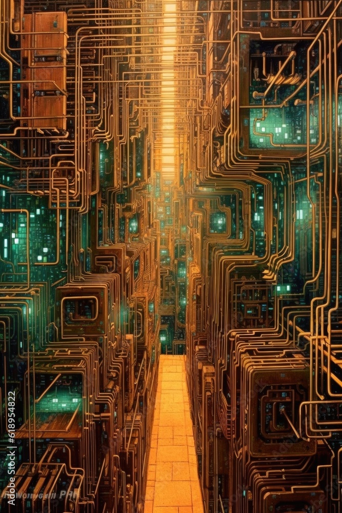a maze made of circuit board pathways representing data processing, created with generative ai