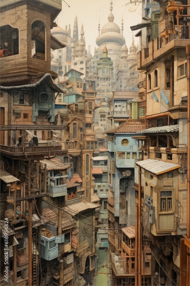 diverse architectural styles juxtaposed in a cityscape, created with generative ai