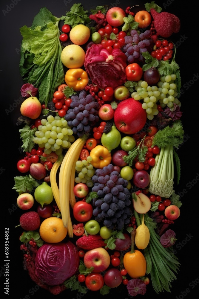 diversity in fruits and vegetables arranged artistically, created with generative ai