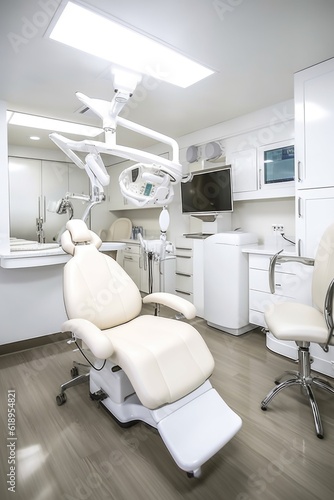 white dentist chair with equipment in background, created with generative ai