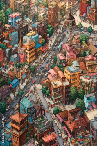 aerial view of a culturally diverse cityscape, created with generative ai