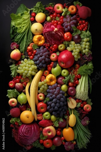 diversity in fruits and vegetables arranged artistically  created with generative ai