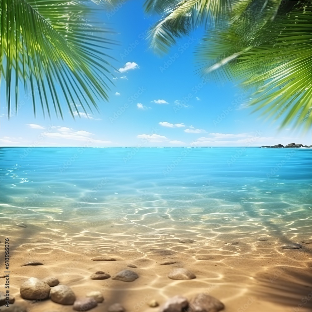 A summer landscape of a tropical golden beach with palm leaves, soft focus. Golden sand, turquoise sea, blue sky, and white clouds. Created with Generative AI technology