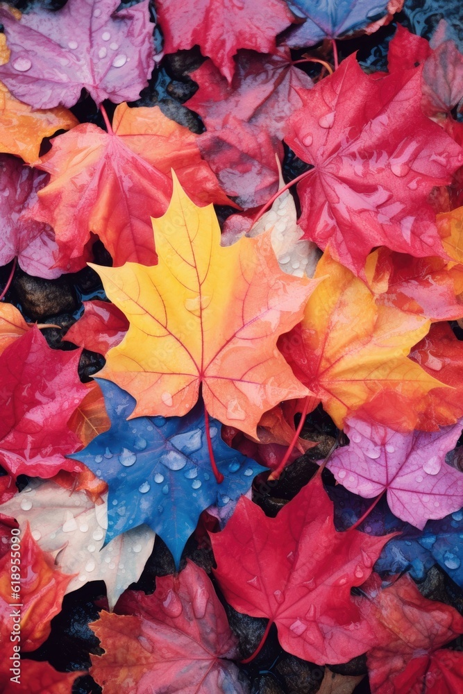 Obraz premium close-up of colorful maple leaves on the ground, created with generative ai
