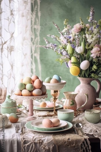 beautifully decorated easter table setting with pastel colors, created with generative ai