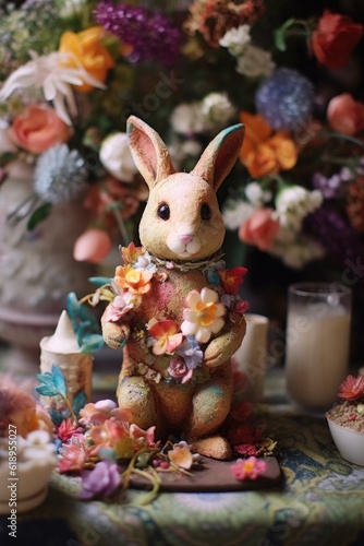 easter bunny figurine surrounded by spring flowers, created with generative ai