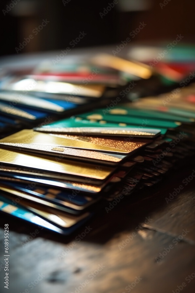 close-up of credit cards fanned out on a table, created with generative ai close-up of credit cards fanned out on a table, created with generative ai