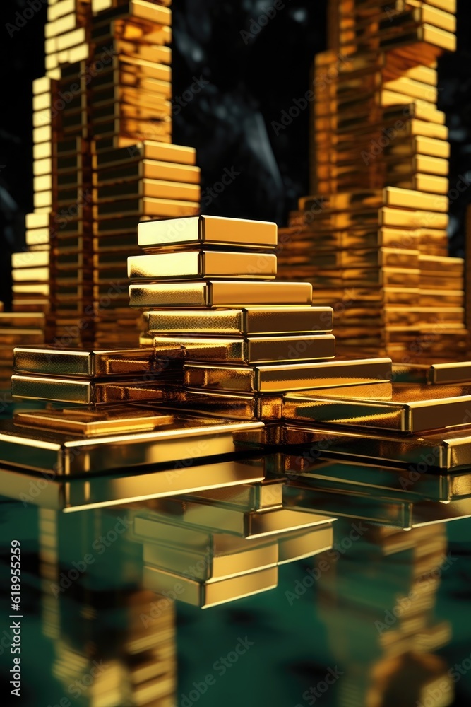 gold bars stacked on a reflective surface, created with generative ai gold bars stacked on a reflective surface, created with generative ai