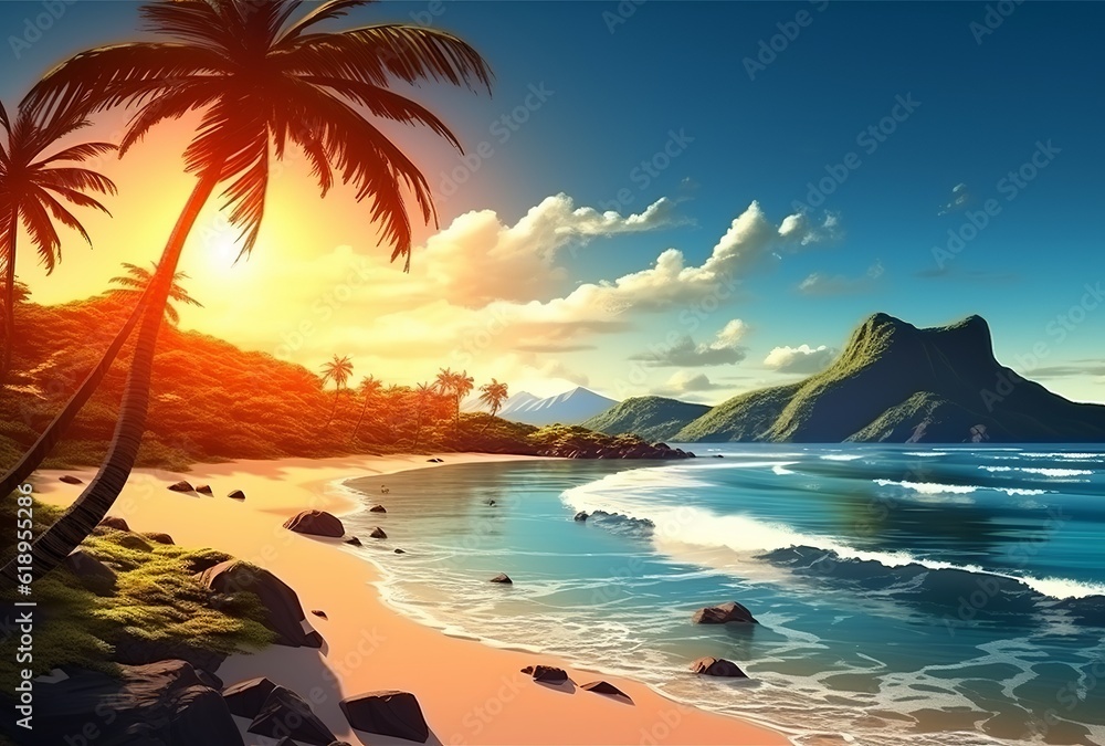 A beautiful seascape tropical beach with golden sand, leaning palm trees, turquoise ocean. Bright sunny day, blue sky with clouds. Perfect for a summer vacation. Made with Generative AI technology