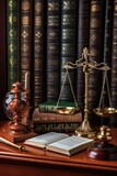 gavel, scales of justice, and law books on a desk, created with generative ai