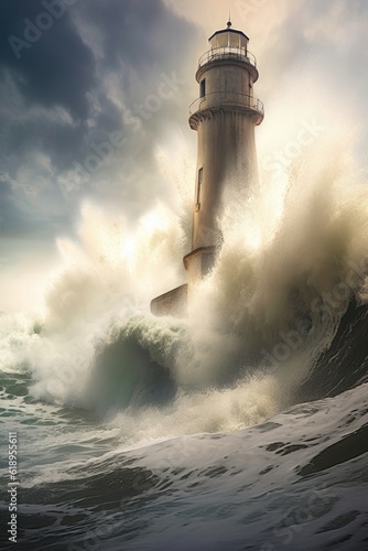 dramatic waves crashing against a lighthouse, created with generative ai