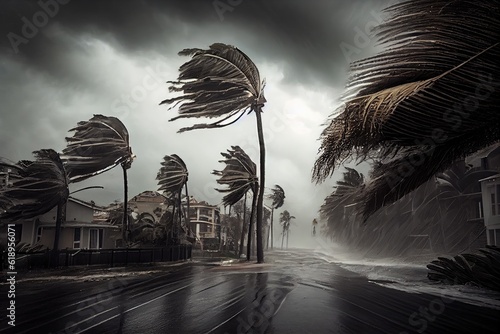 tropical cyclone with powerful winds and rain, bringing destruction to coastal city, created with generative ai