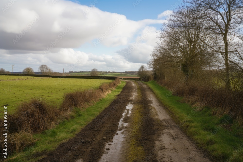 country road, with fields and farms visible in the distance, created with generative ai