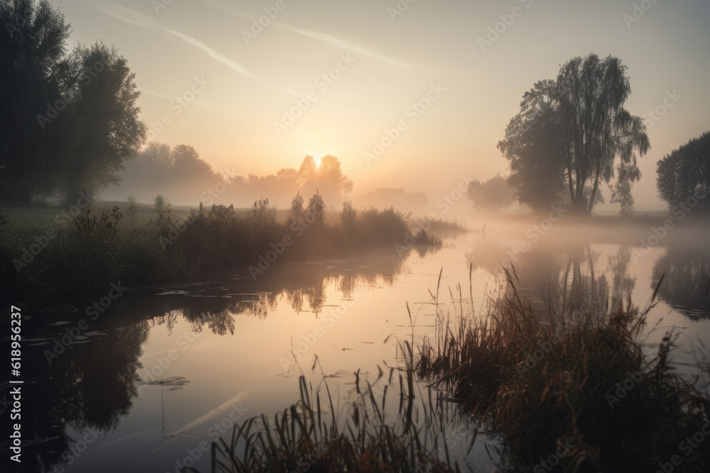 Fototapeta premium rural landscape with misty morning sunrise, featuring a peaceful lake, created with generative ai