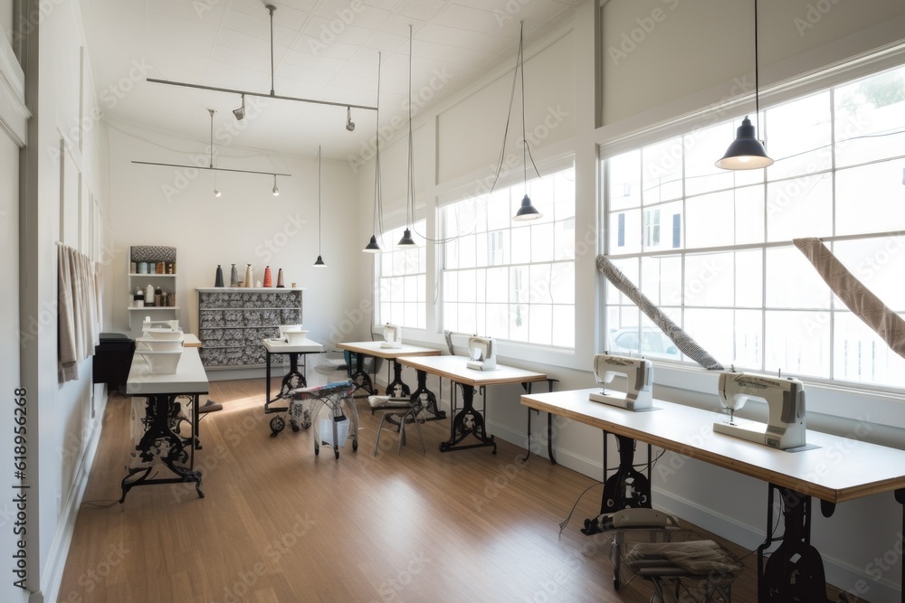 sewing studio, with industrial light fixtures and sleek furniture, created with generative ai